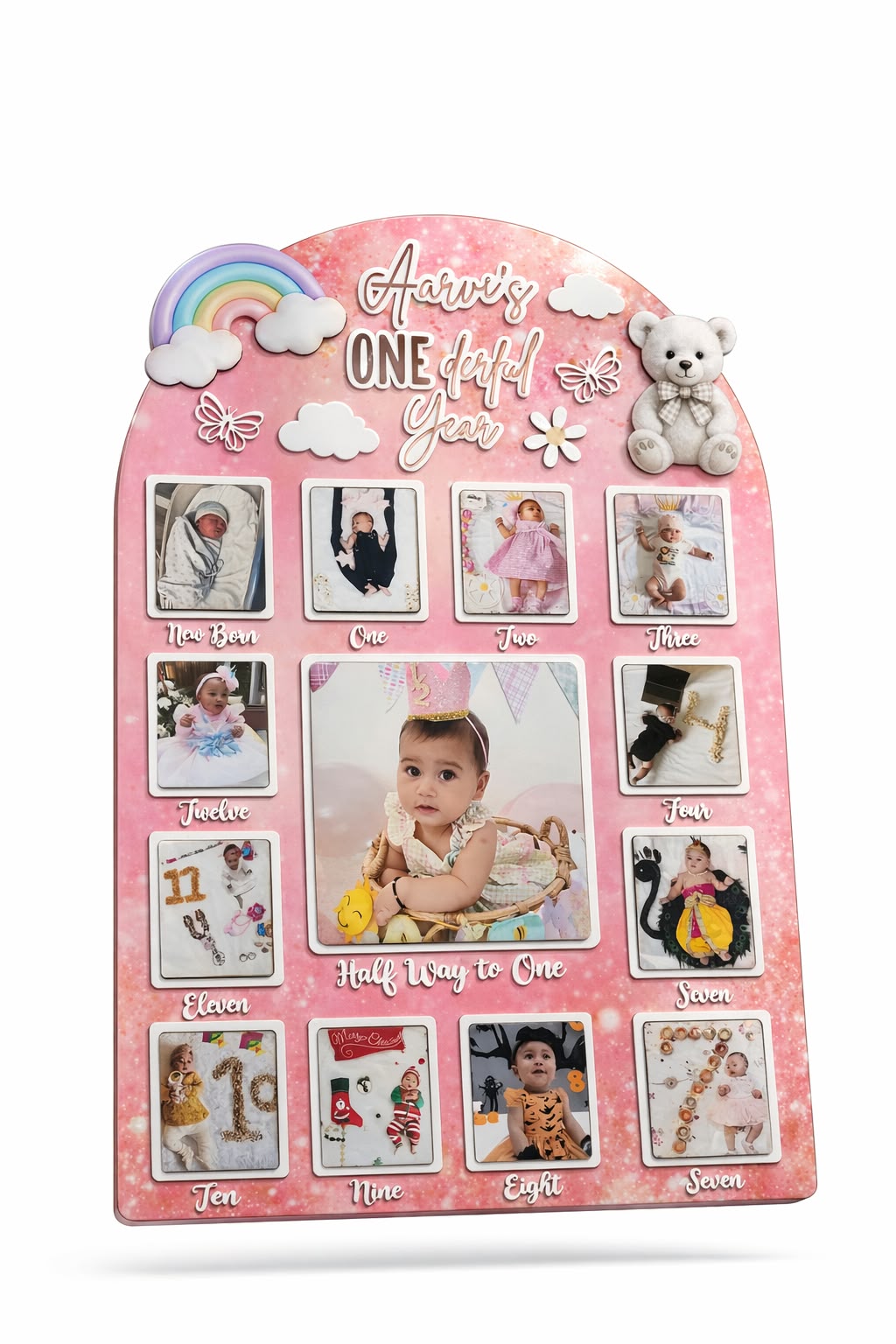 Pink inverted U shaped one year baby 3D milestone photo frame