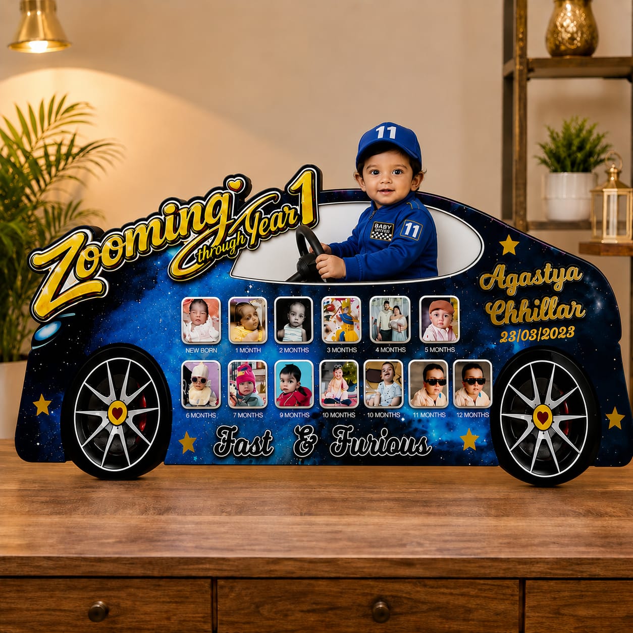 Car shaped personalized first birthday photo frame with 12 month photos