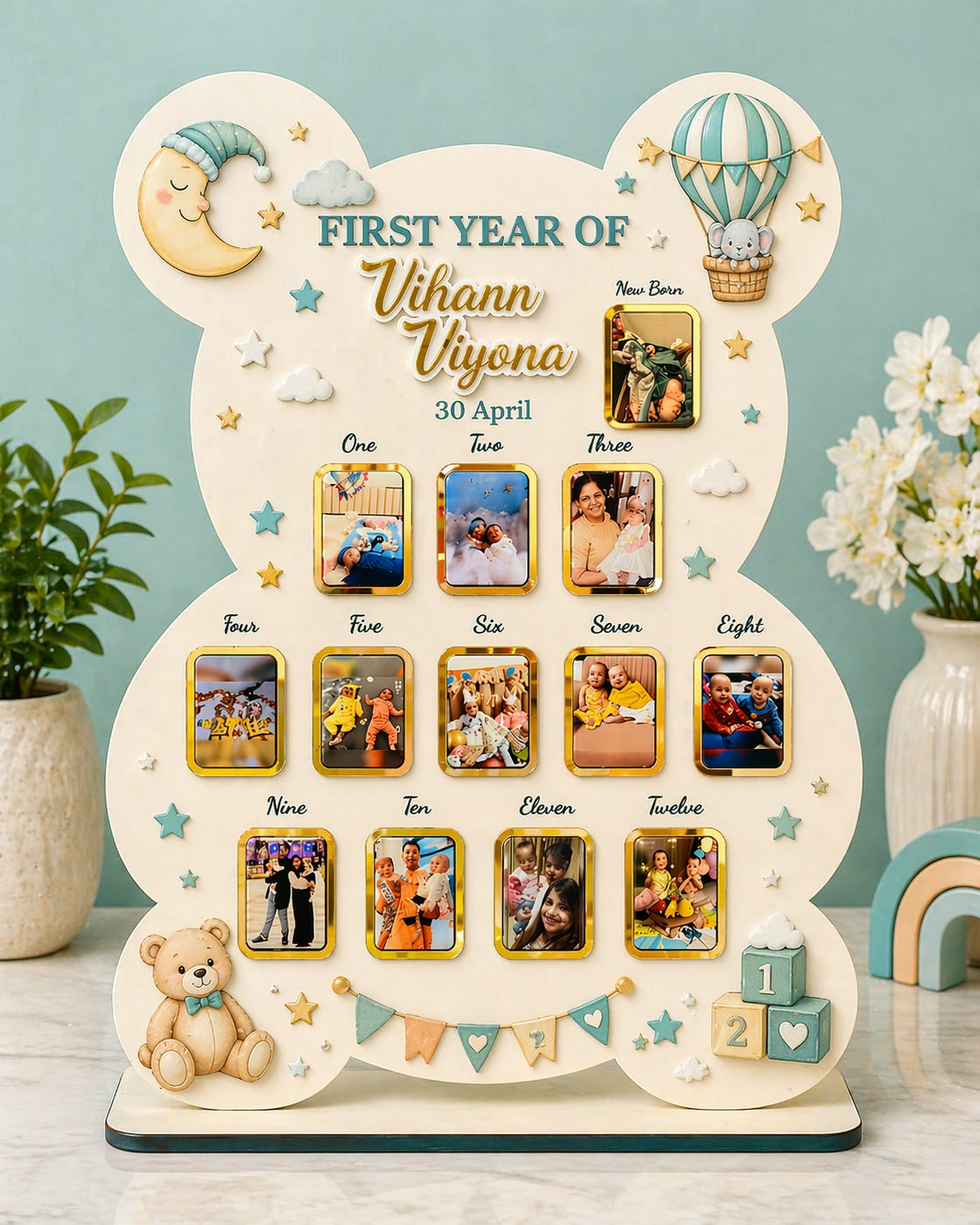 Premium teddy shaped wooden first year frame with gold photo borders